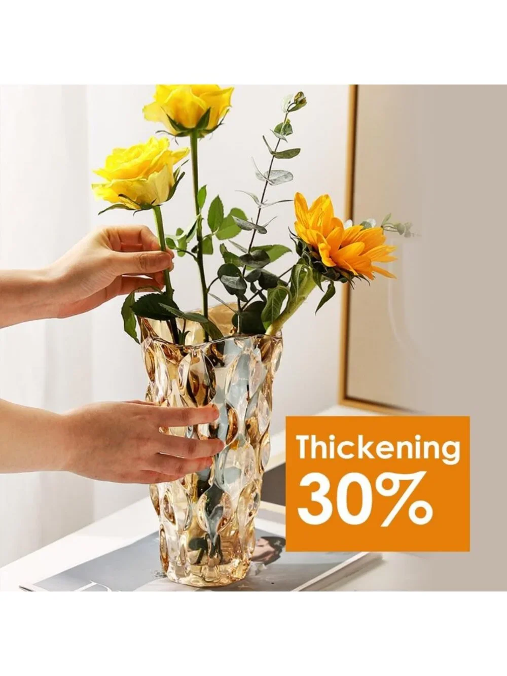 Elegant Amber Glass Vase for Centerpieces - 9.4in Tall, Unbreakable, Ideal for